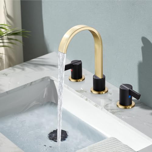 Midanya 8 Inch Widespread Bathroom Sink Faucet 3 Hole,Black and Gold Spout | Waterfall Swivel Spout,2 Handle,SUS304,with Pop Up Drain,cUPC 24" Water Hose,for 6-16” hole distance vanity,RV,Farmhouse Sink - color: Black/Gold Spout