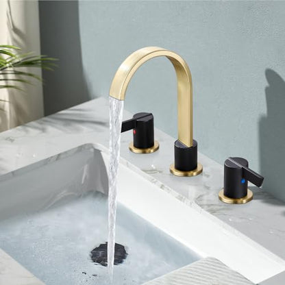 Midanya 8 Inch Widespread Bathroom Sink Faucet 3 Hole,Black and Gold Spout | Waterfall Swivel Spout,2 Handle,SUS304,with Pop Up Drain,cUPC 24" Water Hose,for 6-16” hole distance vanity,RV,Farmhouse Sink - color: Black/Gold Spout