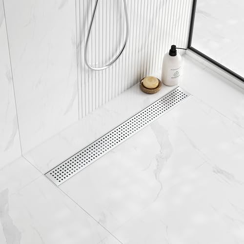Neodrain 24-Inch Brushed Linear Shower Drain with Quadrato Pattern Grate | 304 Stainless Steel Linear Drain,Rectangle Shower Floor Drain with Hair Strainer, shower drain base ,Fits Bathroom, Balcony - color: Brushed, size: 24 In