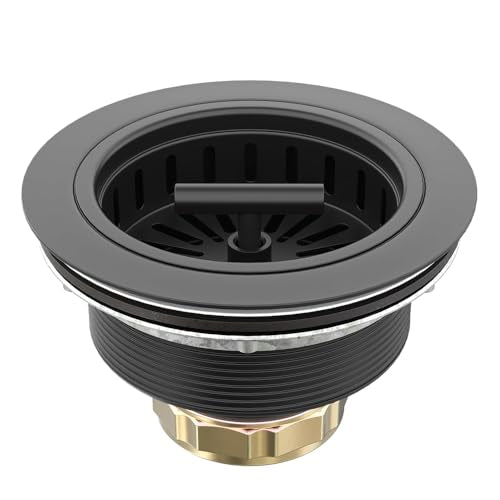 KONE Black Kitchen Sink Drain Matte Black Sink Strainer 3-1/2 Inch Drain Assembly Kit Replacement for Universal 3.5 Inch Kitchen Sink, All Stainless Steel Body with Strainer Basket and Drain Stopper - color: Pure Black
