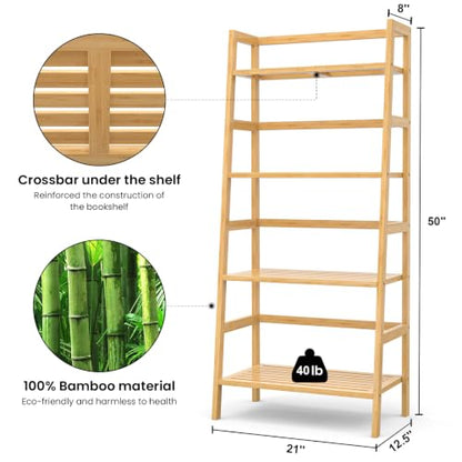 Bamboo Ladder Shelf, 4-Tier Wooden Ladder Bookshelf & Bookcase Organizer | 50” Freestanding Open Display Storage Shelves, Wood Plant Stand Rack for Small Space, Bathroom, Living Room, Bedroom - color: Natural