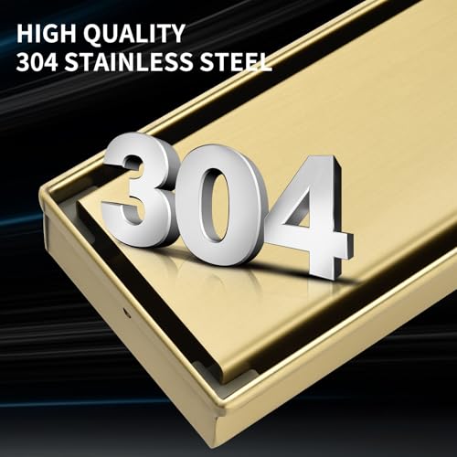 Linear Shower Drain ，with Tile Insert Panels ，28 Inch Brushed Gold 304 Stainless Steel Rectangle Shower Floor Drain，with Hair Catcher, Adjustable Feet - color: Brushed Gold, size: 28inch
