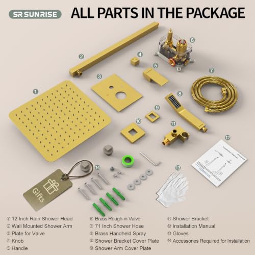 SR SUN RISE 12 Inches Bathroom Luxury Rain Mixer Shower Combo Set Wall Mounted Rainfall Shower Head System Brushed Nickel Finish Shower Faucet Rough-In (12 Inch, Brushed Gold) - color: Brushed Gold, size: 12 Inch