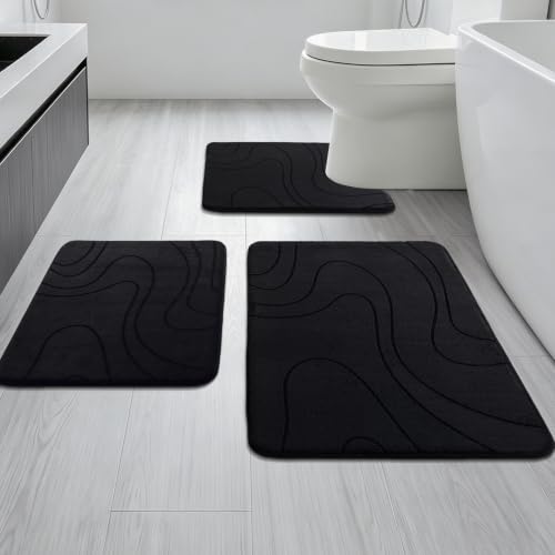 Bathroom Rugs Sets 3 Piece - Thick Memory Foam Bath Mat, Black | Ultra Soft, Extra Thick, Super Absorbent, Non Slip, Machine Washable, For Bathroom Floor & Tub, 3 Pieces - color: Black, size: 1'8" x 2'8" (3 Pieces)