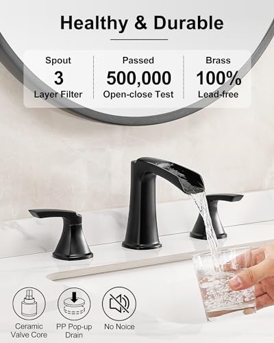 Black Widespread Bathroom Faucet, Brass Waterfall Bathroom Sink Faucet 3 Hole, 2 Handle Bathroom Faucets 8 Inch Faucet for Bathroom Sink Vanity Lavatory Farmhouse RV with Pop-up Drain & Hose - color: Matte Black