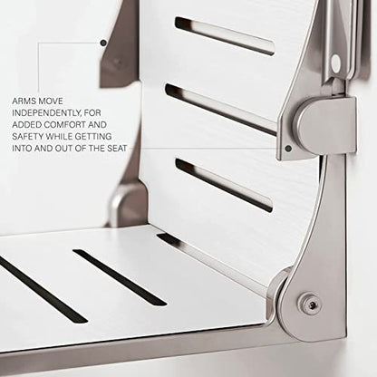 Seachrome Silhouette Comfort Folding Wall Mount Shower Bench Seat with Arms, White Seat with Matte Black Frame - color: White Seat With Matte Black Frame and Black Arm Pads