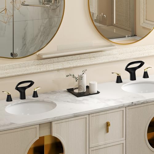 Black Bathroom Faucet 3 Hole, Modern Faucet for Bathroom Sink with Adjustable Spout, Solid Brass 8 Inch Widespread Waterfall Bathroom Faucets with Water Supply Hoses and 2 Gold Handles - color: Black Gold, style: Modern