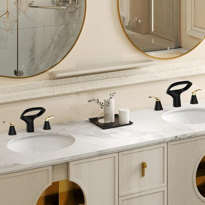 Black Bathroom Faucet 3 Hole, Modern Faucet for Bathroom Sink with Adjustable Spout, Solid Brass 8 Inch Widespread Waterfall Bathroom Faucets with Water Supply Hoses and 2 Gold Handles - color: Black Gold, style: Modern