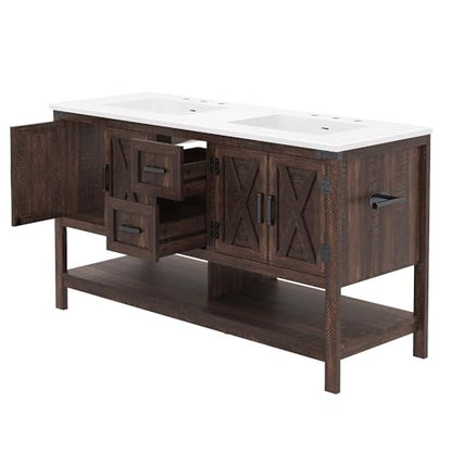AMERLIFE 60" Brown Farmhouse Double Sink Bathroom Vanity, Solid White Top | Rustic Brown, Solid White Integrated Top, Moisture-Resistant MDF, 4 X-Panel Doors, 2 Drawers, Open Shelf, Paper Towel Holder - color: Rustic Brown, size: 60”