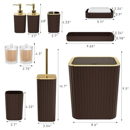 XLHOMO Bathroom Accessories Set - Gorgeous Bathroom Set, 10PC Brown Bathroom Accessories, Bathroom Accessory Set, Toilet Brush, Trash Can, Qtip Holder Dispenser & Soap Dispenser - size: Bath Set, style: Brown&Gold