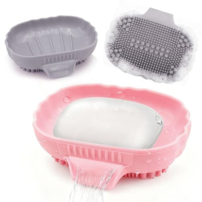 Silicone Soap Dish with Drain 2 Pcs, Anti-Slip Bathroom Bar Soap Holder Dishes Self Draining Waterfall Saver Plate for Shower Sink - Unique Bottom Brush Easy Dry & Clean (Pink + Lavender Grey)