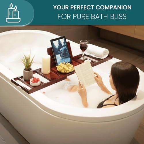 Bathtub Tray and Bath Pillows for Tub – Expandable Bamboo Bathtub Caddy with Phone & Wine Holder, Soft Bath Pillows for Tub & Head/Neck Support