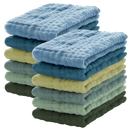 Lovely Care 12 Pack Muslin Burp Cloths 100% Cotton Muslin Cloths Large 20''x10'' Extra Soft and Absorbent Baby Burping Cloth - Sage, Teal and Blue - color: Sage, Teal and Blue, size: 10x20 Inch (Pack of 12)