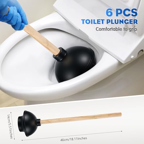 Sawysine 12 Pcs Commercial Toilet Plunger and Brush Set 6 Pack 18" Rubber Plunger with Double Thrust Force Suction Cup Handle and 6 Pack 16.54" Toilet Bowl Brush Bulk for Store Restaurant (Wood)