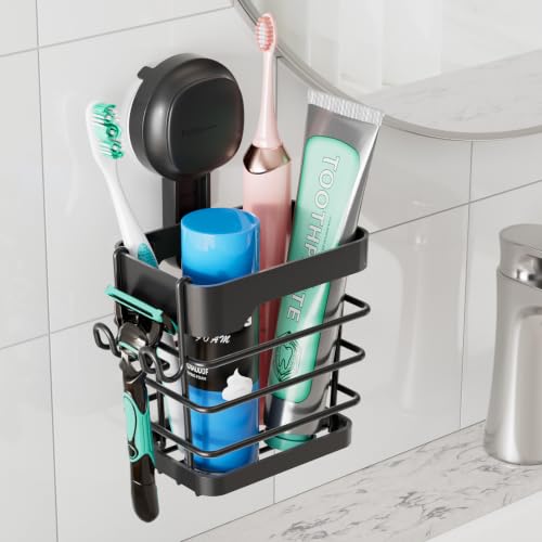Upgraded Suction Cup Toothbrush Holder with Visible Safety Indicator, Black | Heavy Duty Stainless Steel Shower Electric Tooth Brush and Toothpaste Organizers, Removable, No Drilling, Anti-Puddling - color: Black Pro