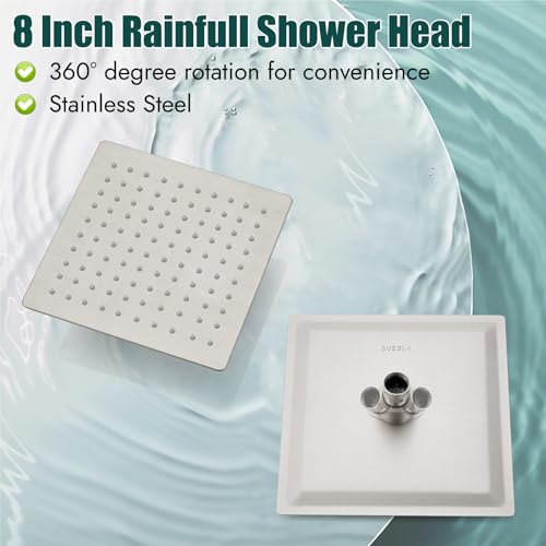Heyalan 8 Inch Square Rain Shower Faucet Set with Valve, Brushed Nickel | Female-thread 1/2-inch NPT connections, SUS304 shower head, brass rough-in valve, single-handle control Shower Set - color: Nickel, size: 8 Inch Square Shower Head