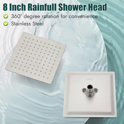 Heyalan 8 Inch Square Rain Shower Faucet Set with Valve, Brushed Nickel | Female-thread 1/2-inch NPT connections, SUS304 shower head, brass rough-in valve, single-handle control Shower Set - color: Nickel, size: 8 Inch Square Shower Head