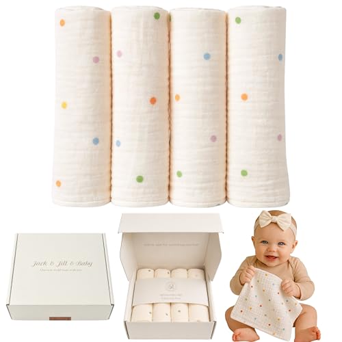 Jack & Jill & Baby Washcloths | 100% Cotton | Ultra-Soft Face Towels for Baby Boys and Girls | Bath Time and Burp Cloth Use | Baby Essentials | Absorbent Cloth Wipes | Pack of 4 (Dreamy Dots) - color: Dreamy Dots