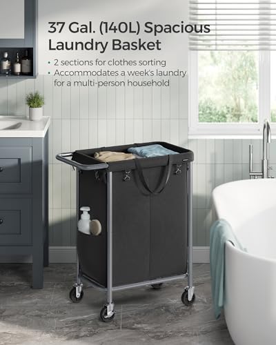 SONGMICS Laundry Basket with Wheels, 2-Section Rolling Laundry Hamper, 37 Gallons (140 L), Removable Liner, Steel Frame with Handle, 27.2 x 15.4 x 31.9 Inches, Ink Black URLS004B01 - color: Ink Black, size: 140 L (2-Section)