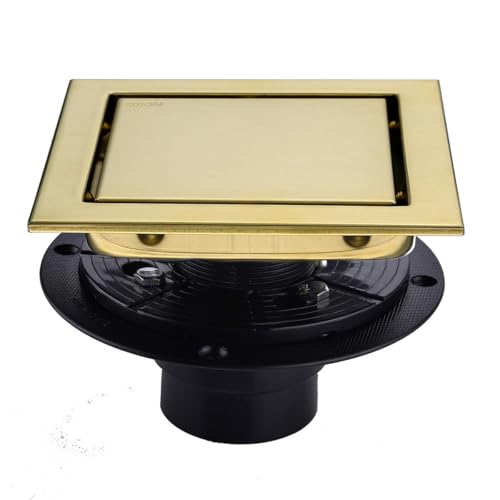RANDOM Brushed Gold Shower Drain Square with Adjustable Base Flange,SUS304 Stainless Steel 6 inch Floor Drain Kit with Tile Insert Flat Shower Drain Cover & Threaded Adapter.98728BG-S - color: D-brushed Gold-6″ Square With Base Flange