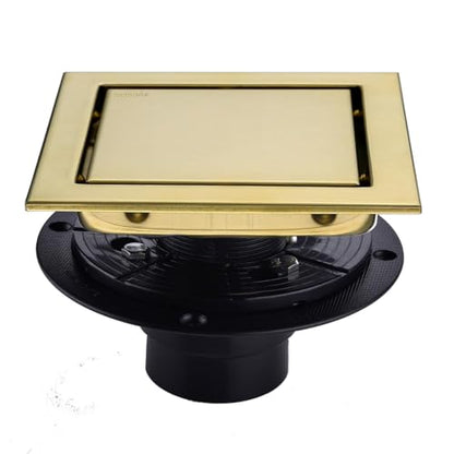 RANDOM Brushed Gold Shower Drain Square with Adjustable Base Flange,SUS304 Stainless Steel 6 inch Floor Drain Kit with Tile Insert Flat Shower Drain Cover & Threaded Adapter.98728BG-S - color: D-brushed Gold-6″ Square With Base Flange