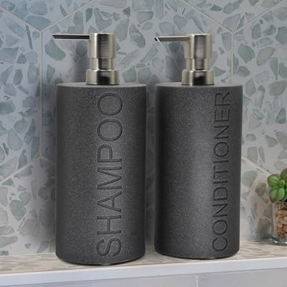 Resin 2 Pack Shampoo, Conditioner or Body Wash Dispenser Set, Luxurious Refillable Pump Bottles with Matte Pump Top and Embossed Text, Durable Design for Bathroom and Shower - color: Gray Shampoo & Conditioner