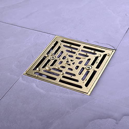 RANDOM Brushed Gold Shower Drain 4 inch Square Shower Drain with Adjustable PVC Base Flange,SUS304 Stainless Steel Shower Floor Drain with Removable Cover Grid Grate - color: B-brushed Gold-4″ Square With Base Flange