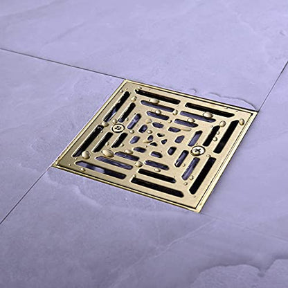 RANDOM Brushed Gold Shower Drain 4 inch Square Shower Drain with Adjustable PVC Base Flange,SUS304 Stainless Steel Shower Floor Drain with Removable Cover Grid Grate - color: B-brushed Gold-4″ Square With Base Flange