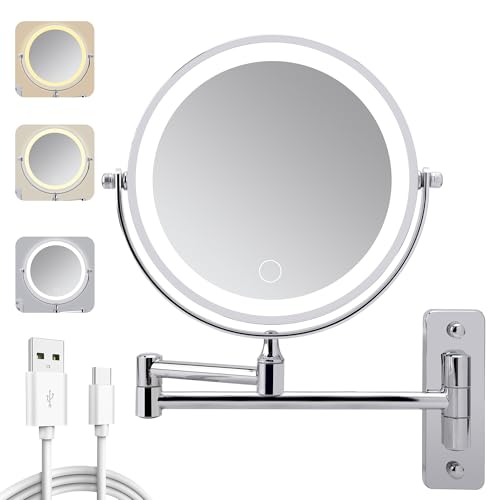 Wall Mounted Lighted Makeup Mirror, 8" Rechargeable Double Sided 1X/10X Magnifying Mirror with Light, 3 Color Lights, Touch Dimmable, Extendable Arm 360° Rotation, Chrome, Bathroom Vanity Mirror