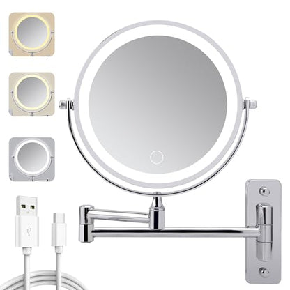 Wall Mounted Lighted Makeup Mirror, 8" Rechargeable Double Sided 1X/10X Magnifying Mirror with Light, 3 Color Lights, Touch Dimmable, Extendable Arm 360° Rotation, Chrome, Bathroom Vanity Mirror