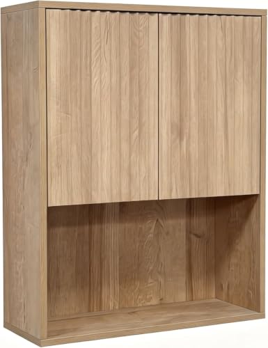 Fluted Bathroom Wall Cabinet Over the Toilet Storage,Wall Mounted Cabinet with Adjustable Shelf,Floating Cabinet Organizer Hanging Cabinet,Kitchen and Laundry Room Cabinets (Oak, 1 PC) - color: Oak