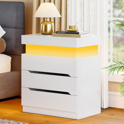 Night Stand with 3 Drawers, Nightstand with App-Controlled Adjustable LED Light, Bedside Table with Slidable Hidden Storage Space, Modern Nightstands for Bedroom,White - color: Unbzx032wd-zf