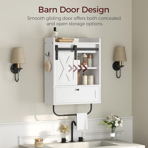 MAHANCRIS Bathroom Wall Cabinet, Farmhouse Medicine Cabinets with Sliding Door, Wall Mounted Storage Cabinet with Adjustable Shelf and Towel Bar, for Bathroom, Living Room, Kitchen, White - color: White