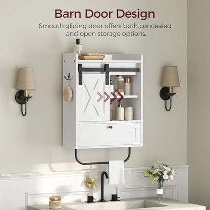 MAHANCRIS Bathroom Wall Cabinet, Farmhouse Medicine Cabinets with Sliding Door, Wall Mounted Storage Cabinet with Adjustable Shelf and Towel Bar, for Bathroom, Living Room, Kitchen, White - color: White
