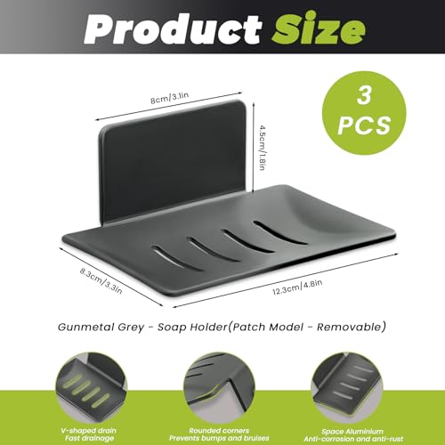 Huakaile 3 Pieces Gray Self-Adhesive Bar Soap Holder for Shower & Sink, Removable Space Aluminium Wall Mounted Soap Dish Tray for Bathroom Tub Kitchen Sink No Drilled (Gray) - color: Gray