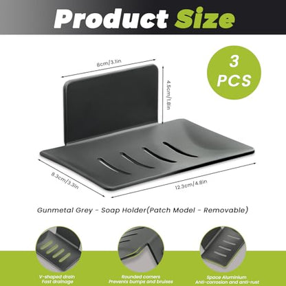 Huakaile 3 Pieces Gray Self-Adhesive Bar Soap Holder for Shower & Sink, Removable Space Aluminium Wall Mounted Soap Dish Tray for Bathroom Tub Kitchen Sink No Drilled (Gray) - color: Gray