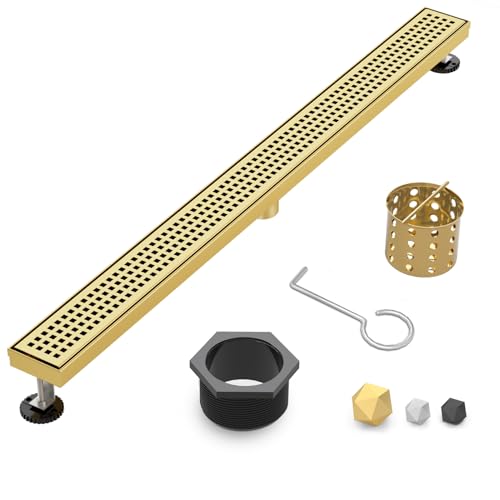 36 Inch Linear Shower Drain - Brushed Gold, with Removable Grate | AISI 304 Stainless Steel Shower Drain, Long Rectangle Shower Floor Drain with Adjustable Feet, Fits Bathroom & Balcony etc - color: Brushed Gold, size: 36 in