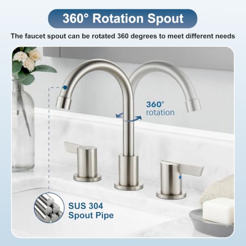 Bathroom Sink Faucet 3 Hole, 8 Inch Widespread, Brushed Nickel | Lead-Free SUS304 Stainless Steel 8-Inch Widespread Bathroom Faucet with Pop-Up Drain & Supply Lines - color: Brushed Nickel