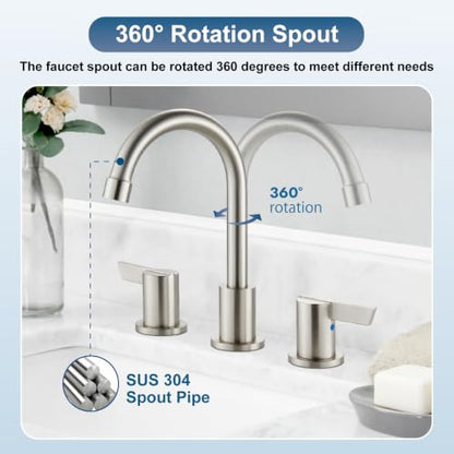 Bathroom Sink Faucet 3 Hole, 8 Inch Widespread, Brushed Nickel | Lead-Free SUS304 Stainless Steel 8-Inch Widespread Bathroom Faucet with Pop-Up Drain & Supply Lines - color: Brushed Nickel