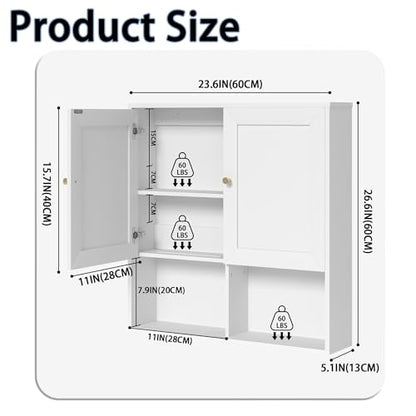 Bathroom Wall Cabinet, Medicine Cabinet with 2 Door and Adjustable Shelves,3-Tier Wood Hanging Storage Over The Toilet,White Wall Mounted Cabinet for Bathroom, Kitchen,Laundry Room