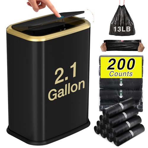Bathroom Trash Can with Lid 8L/2.1 Gallon Black Trash Can Small Garbage Can with Press Top Lid Slim Stainless Steel Garbage Can with 100 Counts Trash Bags for Bathroom Bedroom Kitchen Office Toilet - color: Black, size: Press-Top Trash Can