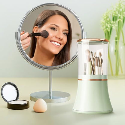 Makeup Brush Holder with Lid Cosmetic Tools Organizer 360 Rotating Waterproof Dustproof Make Up Brushes Storage for Vanity Bathroom Countertop - color: Green slender