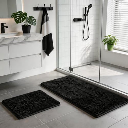 RUN HELIX Bathroom Rugs Set 2 Piece Thick Chenille Bath Mats, Soft Quick Dry Plush Absorbent Bath Rugs with Non-Slip PVC Backing, 32x20+24x16 Inch Black - color: Black