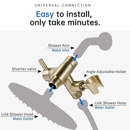 G-Promise Solid Metal Shower Head Diverter with Holder 3-Way | Spray Separately or Both, Adjustable-Angle Bracket, Anti-Leak, Smooth Knob Switch, Easy Install, Universal Replacement Part - color: Brushed Gold