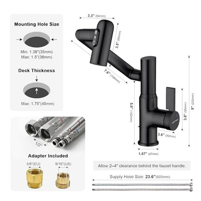 Rotatable Bathroom Faucet with Temperature Display in Fahrenheit (Batteries-Free), 3 Water Outlet Modes, Matte Black, BF2204-3 - color: Matt Black