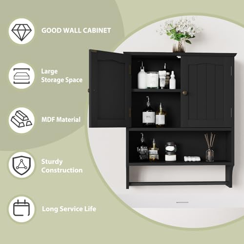Smuxee Black Bathroom Cabinet Wall Mounted with Towels Bar, Medicine Cabinet with 2 Door Adjustable Shelves, Over Toilet Cabinet for Bathroom Laundry Room Kitchen - color: Black Big With Towels Bar
