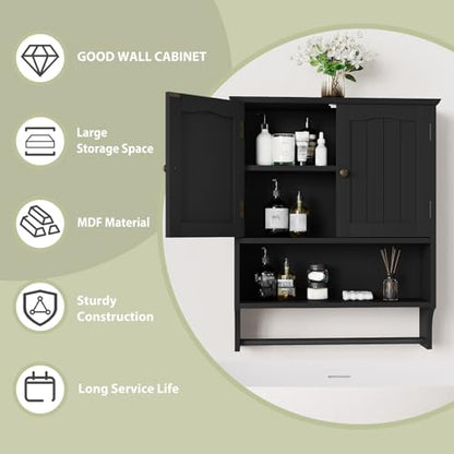 Smuxee Black Bathroom Cabinet Wall Mounted with Towels Bar, Medicine Cabinet with 2 Door Adjustable Shelves, Over Toilet Cabinet for Bathroom Laundry Room Kitchen - color: Black Big With Towels Bar