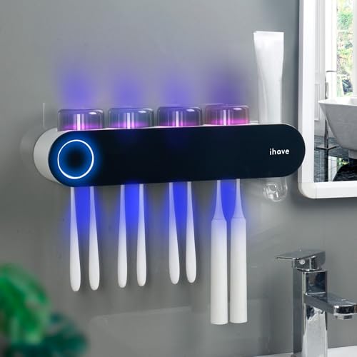 iHave UV Toothbrush Sanitizer Holder Wall Mount Toothpaste Dispenser, 4-Cup | Auto-Cycle Disinfection Toothbrush Holders for Bathrooms with UV Toothbrush Sanitizer & Toothpaste Dispenser, Breathing Light - color: Uv Black 4 Cups