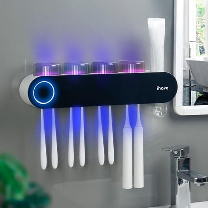 iHave UV Toothbrush Sanitizer Holder Wall Mount Toothpaste Dispenser, 4-Cup | Auto-Cycle Disinfection Toothbrush Holders for Bathrooms with UV Toothbrush Sanitizer & Toothpaste Dispenser, Breathing Light - color: Uv Black 4 Cups