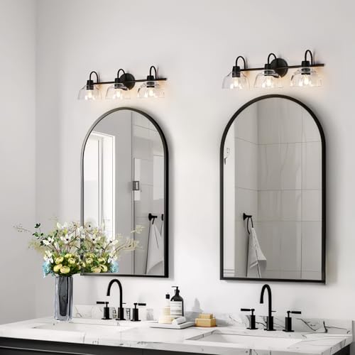 KSANA Black Bathroom Light Fixture, 3-Light Vanity Light with Large Opening Clear Glass Shade, Modern Farmhouse Wall Lamp Over Mirror - size: Dome Shade